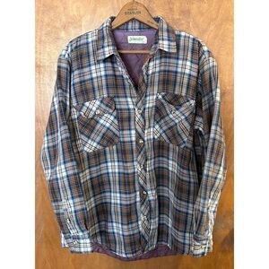 VINTAGE Brown Plaid Button Down Shirt Shacket Quilted Chore Jacket Barn XL Work
